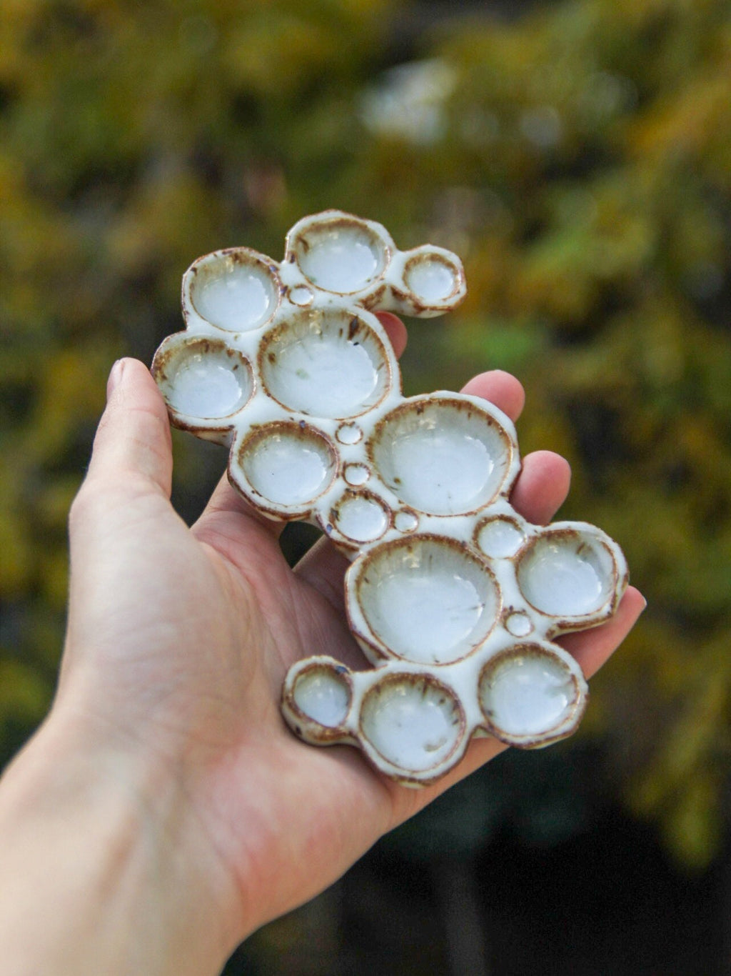 Hand holding medium ceramic bubble palette against green background 