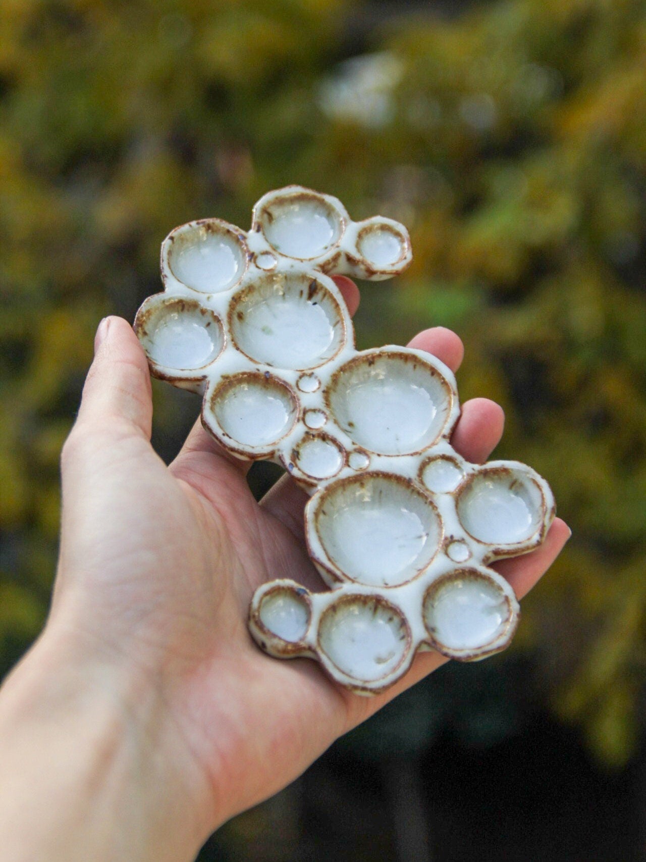 Hand holding medium ceramic bubble palette against green background 