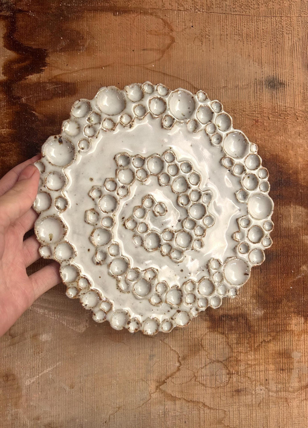 Hand holding small round ceramic spiral bubble palette on wooden surface 